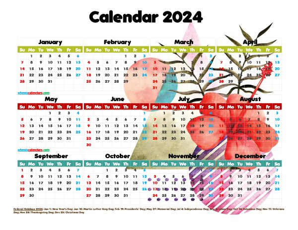 12 Free Printable 2024 Calendar With Holidays PDF Watercolor Premium ...