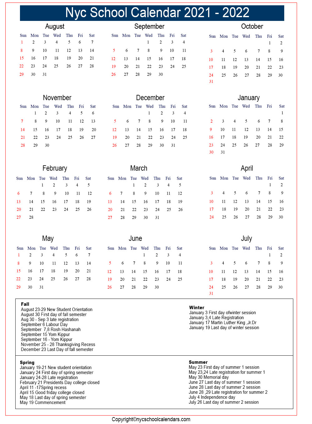 NYC School Holidays Calendar 2021 2022 - 2024 Calendar Printable