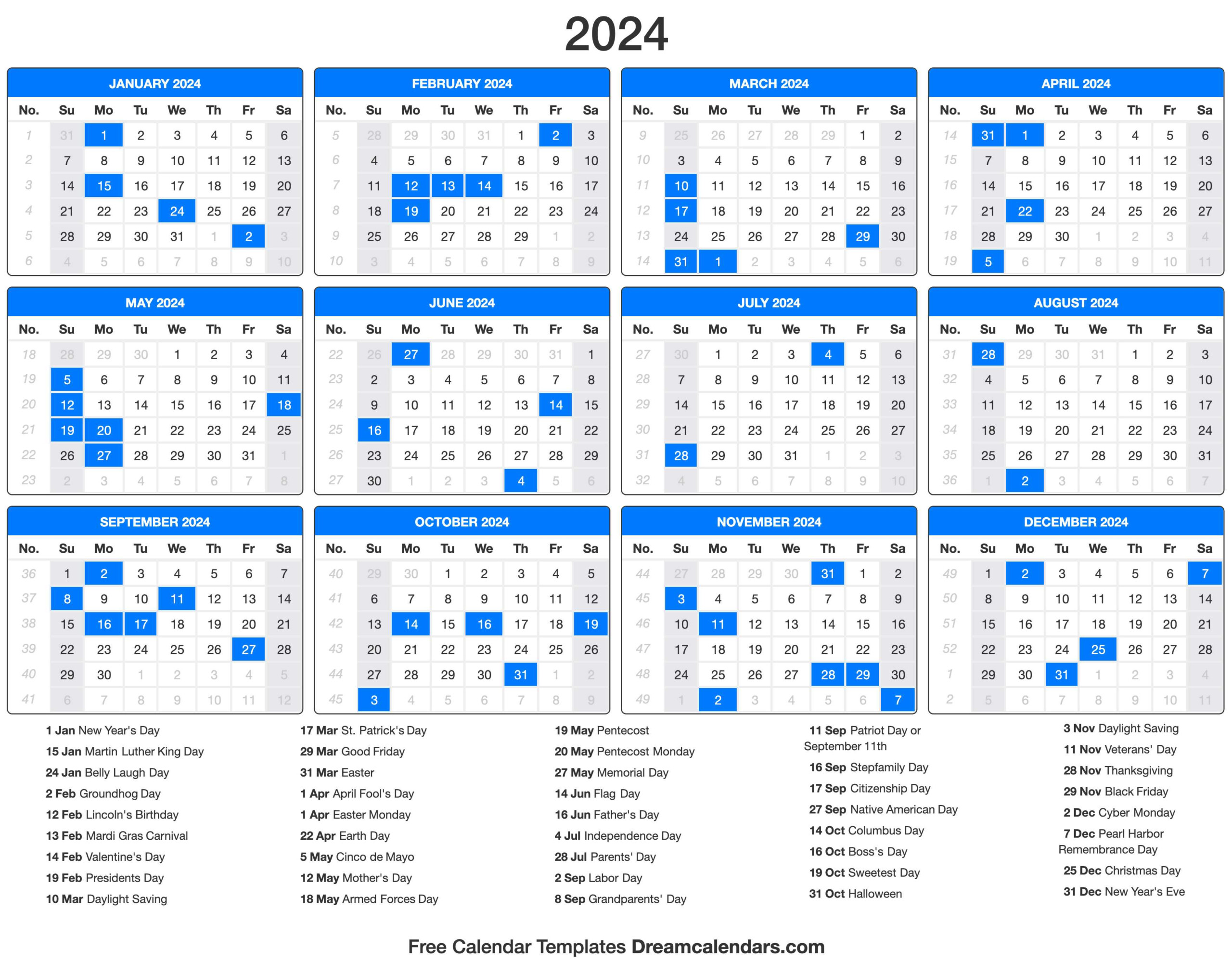 free printable calendar 2024 with holidays free printable 2024