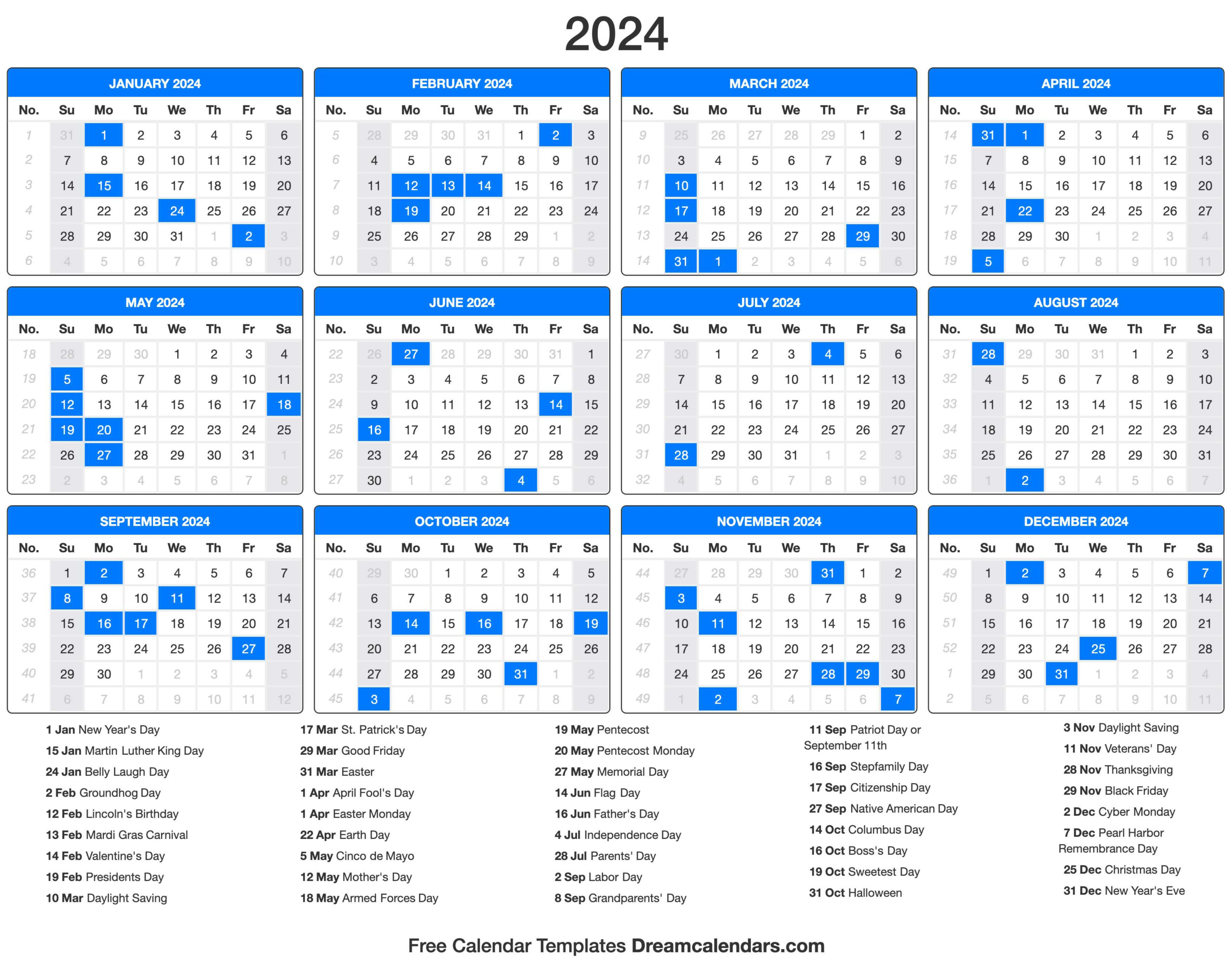 2024 Holiday Calendar 2024 Calendar Printable