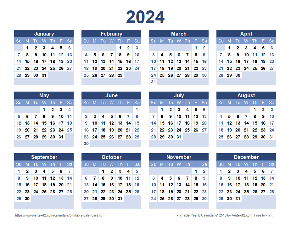 2024 Yearly Calendar - 2024 Calendar Printable