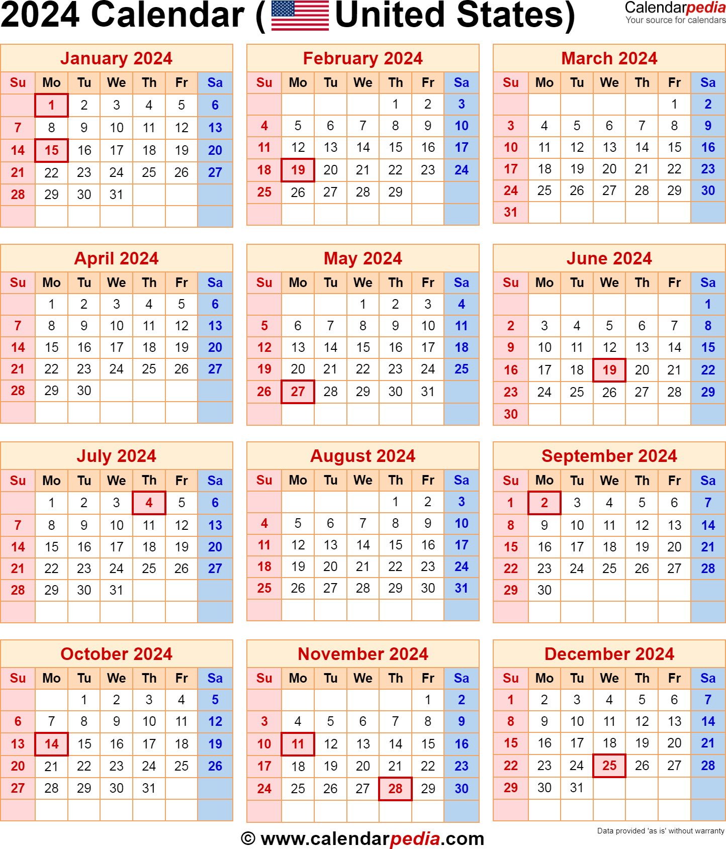 Printable Calendar 2024 With Holidays Usa 2024 Calendar Printable