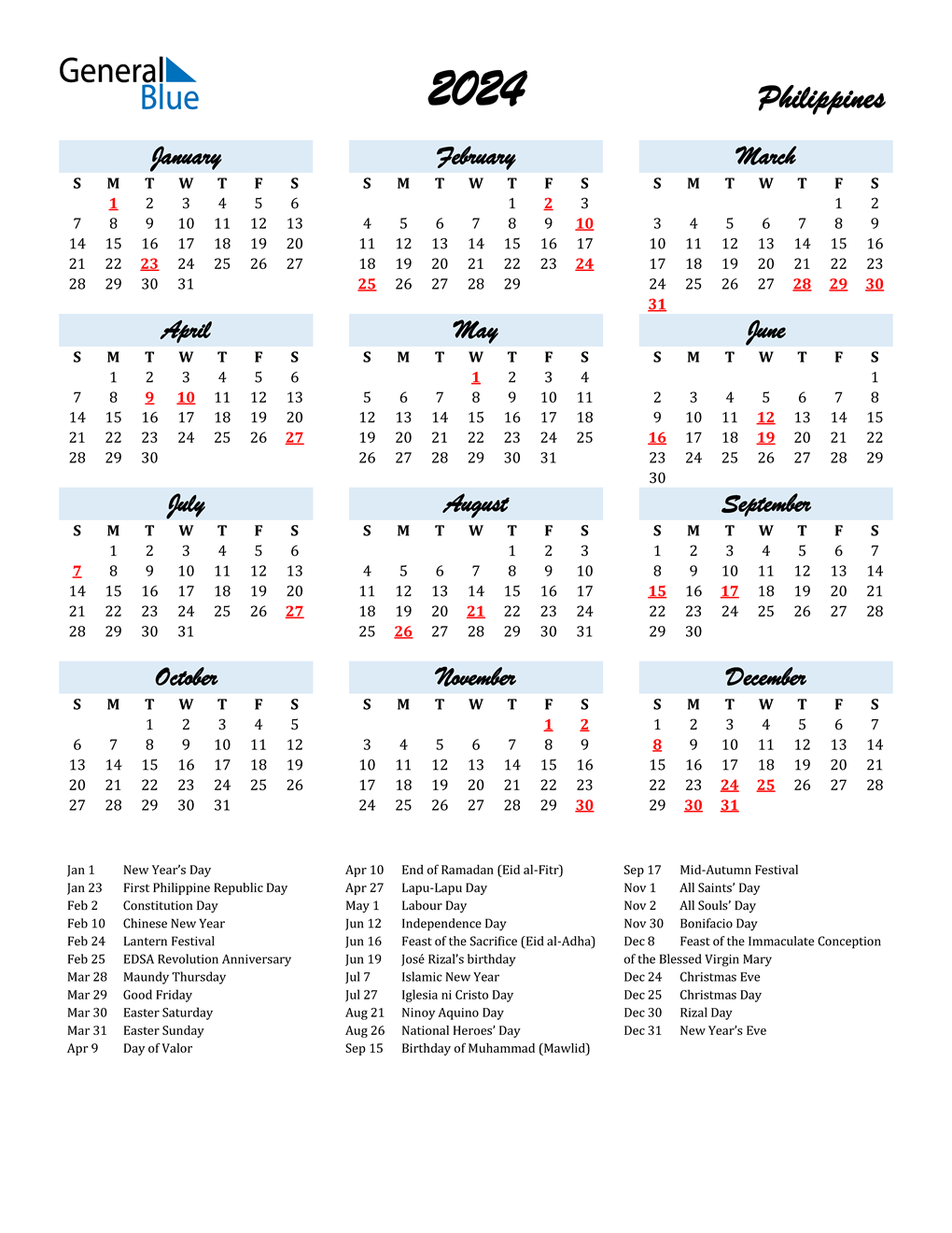 2024 Philippines Calendar With Holidays 2024 Calendar Printable