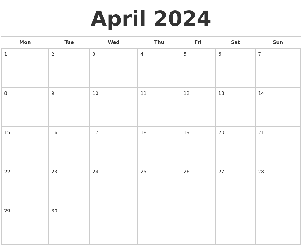 Calendar April 2024 Printable 2024 Calendar Printable