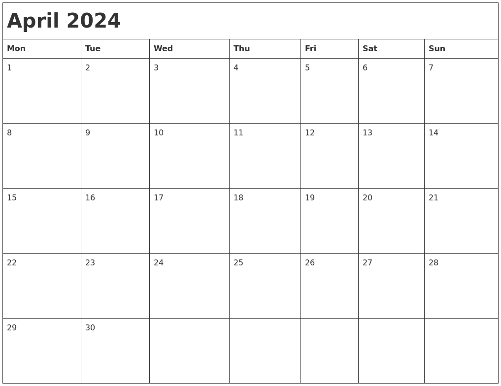 April 2024 Month Calendar 2024 Calendar Printable