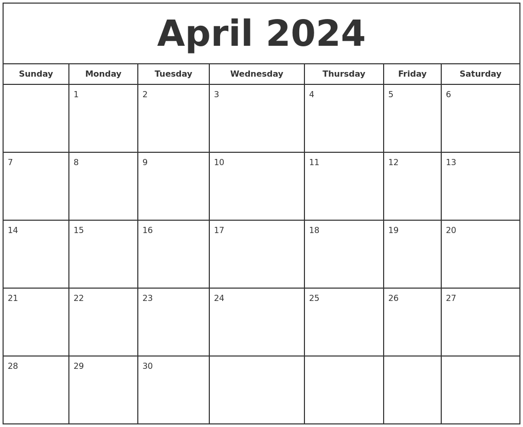 April Calendar For 2024 2024 Calendar Printable