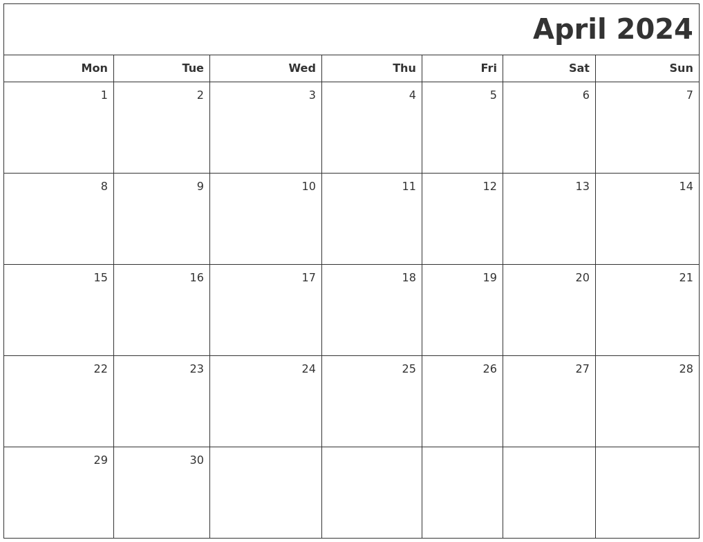 Blank April 2024 Calendar 2024 Calendar Printable