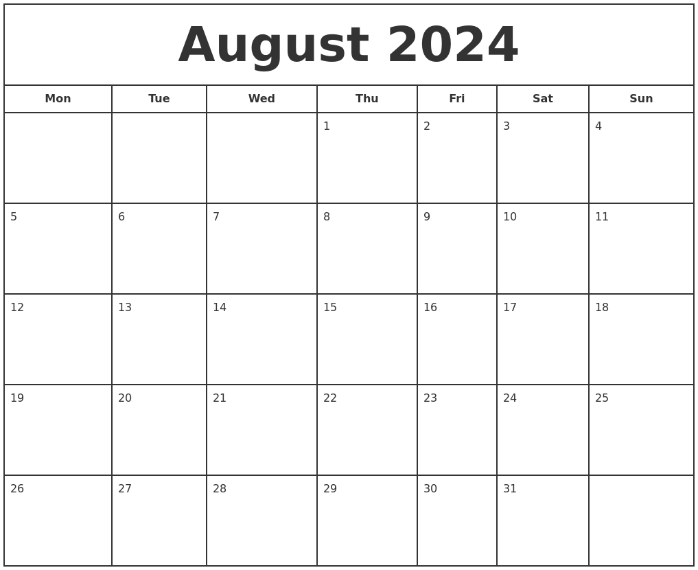August 2024 Calendar Printable 2024 Calendar Printable