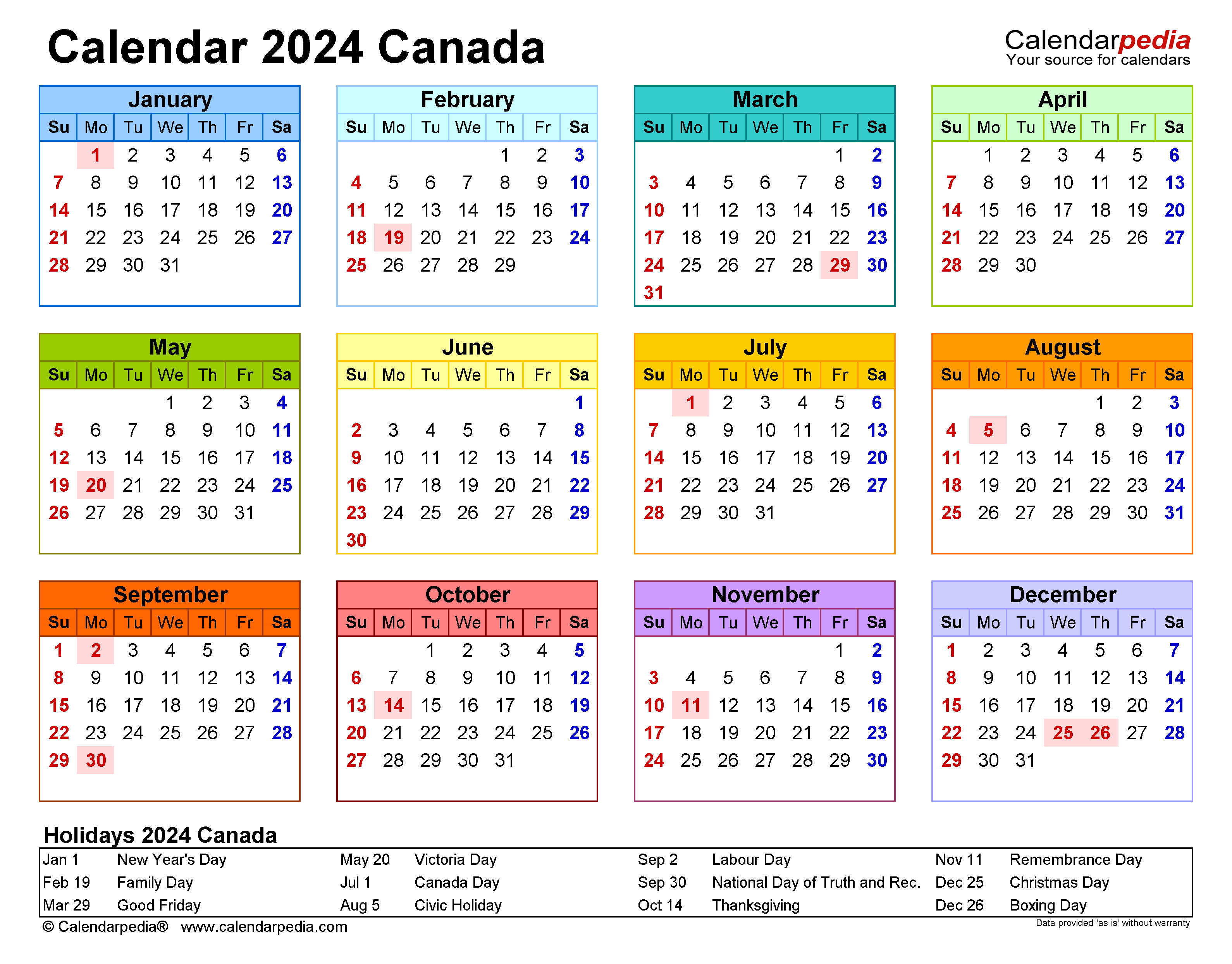 Free Printable 2024 Monthly Calendar With Holidays Canada