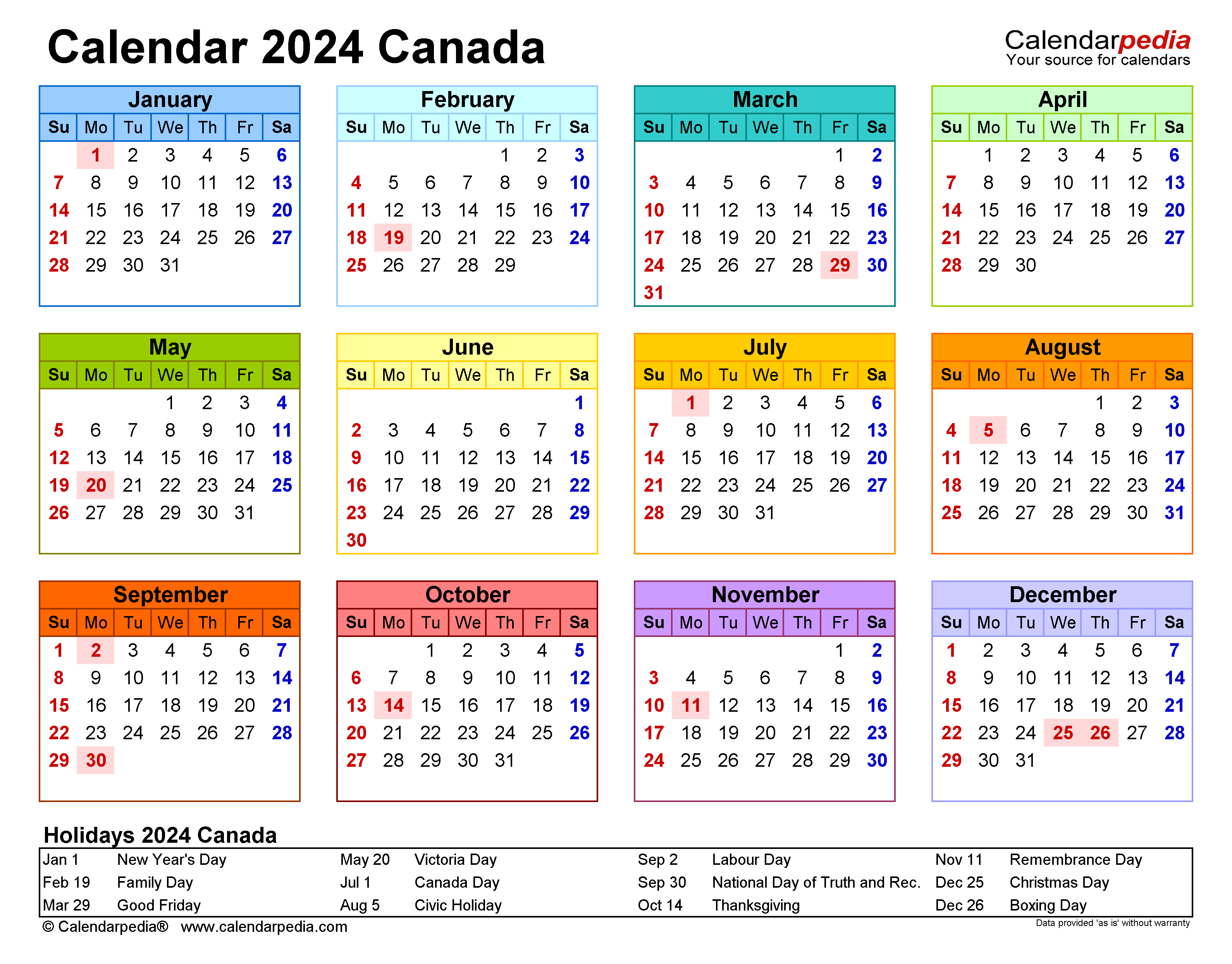2024 Calendar Canada 2024 Calendar Printable