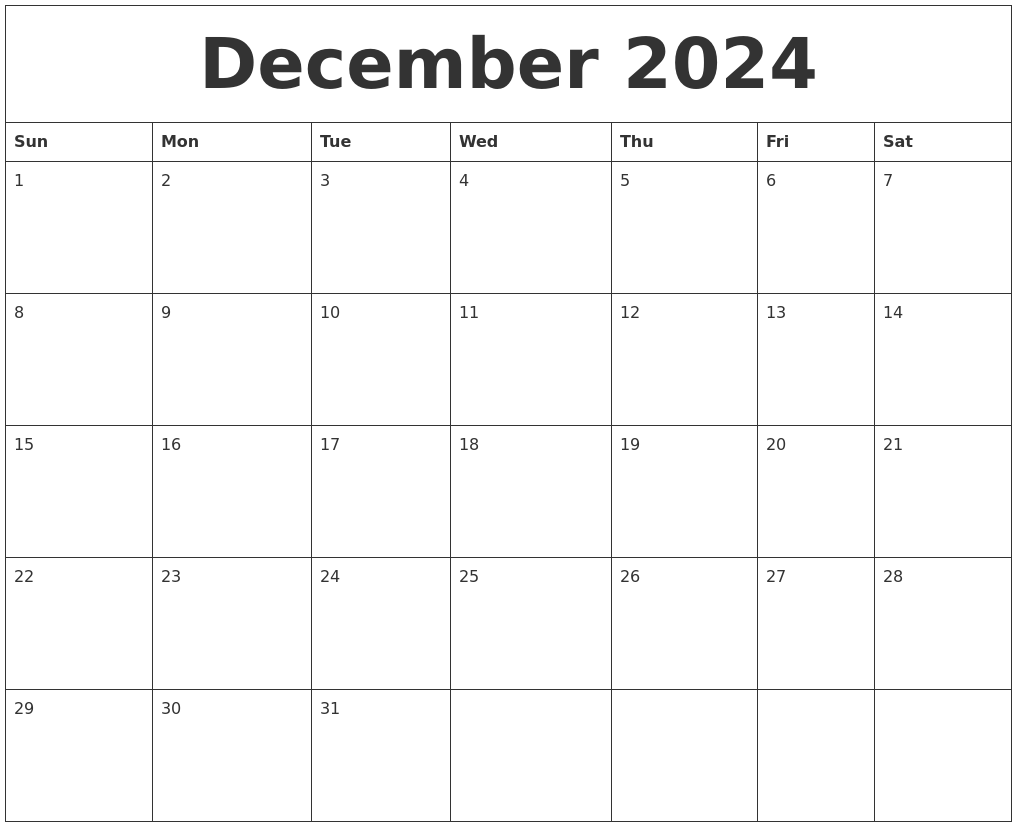 December 2024 Blank Monthly Calendar 2024 Calendar Printable