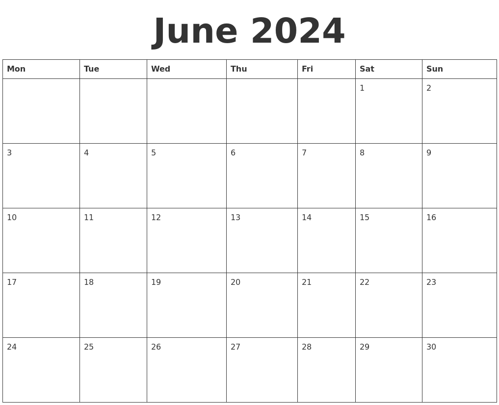 June 2024 Blank Calendar Template 2024 Calendar Printable
