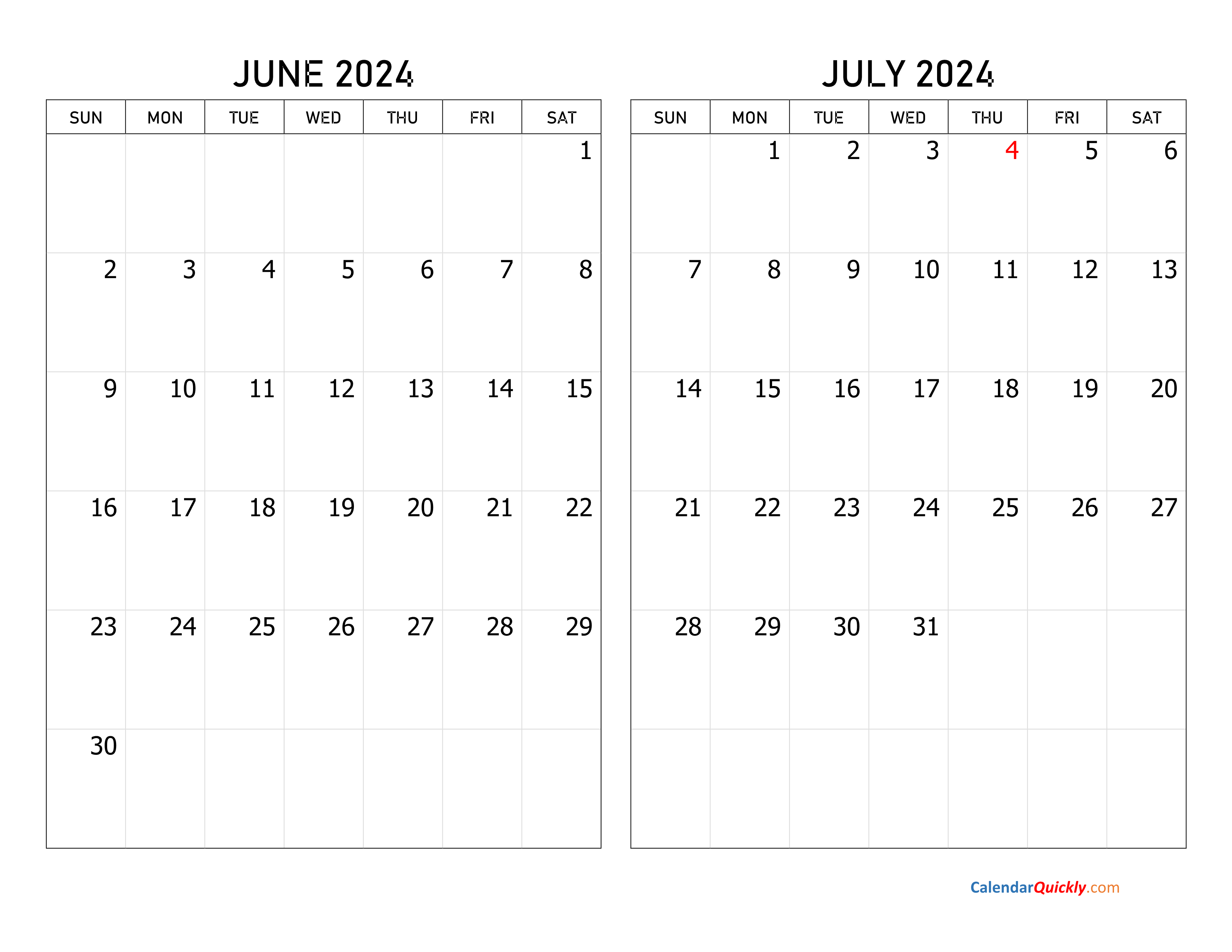 June And July 2024 Calendar 2024 Calendar Printable