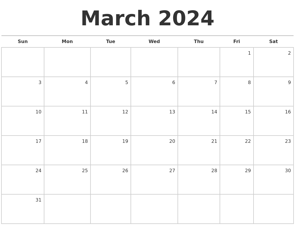 March 2024 Monthly Calendar Printable 2024 Calendar Printable