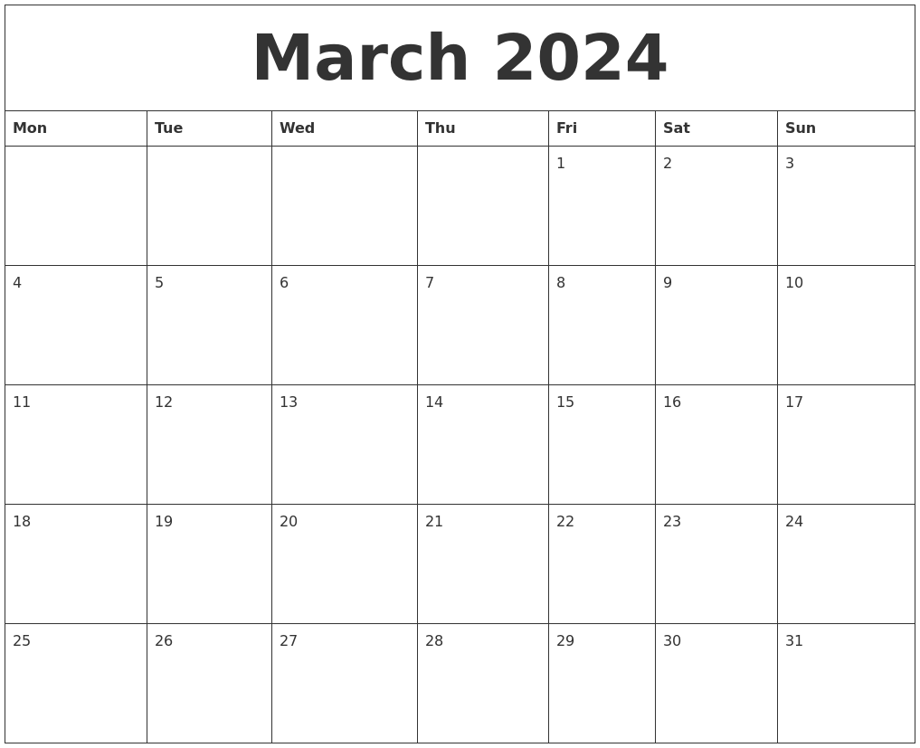 Printable Calendar 2024 March 2024 Calendar Printable