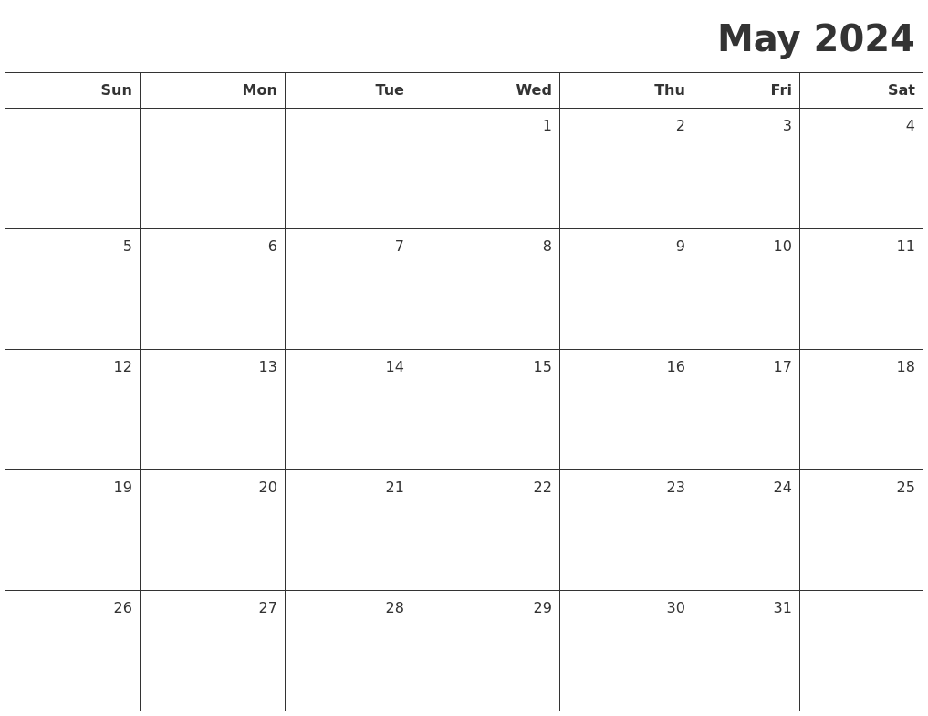 May 2024 Calendar Template 2024 Calendar Printable