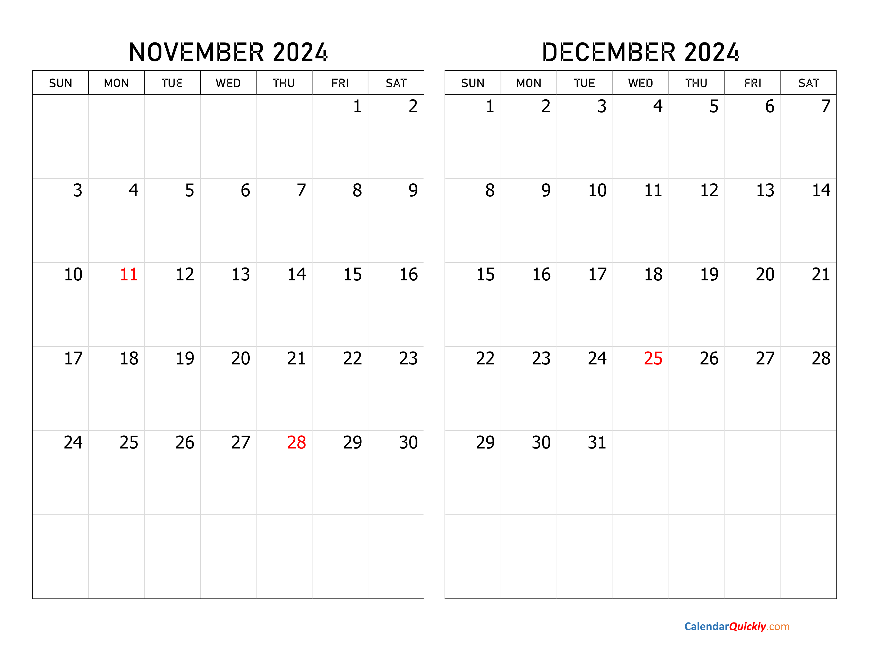 November And December 2024 Calendar 2024 Calendar Printable
