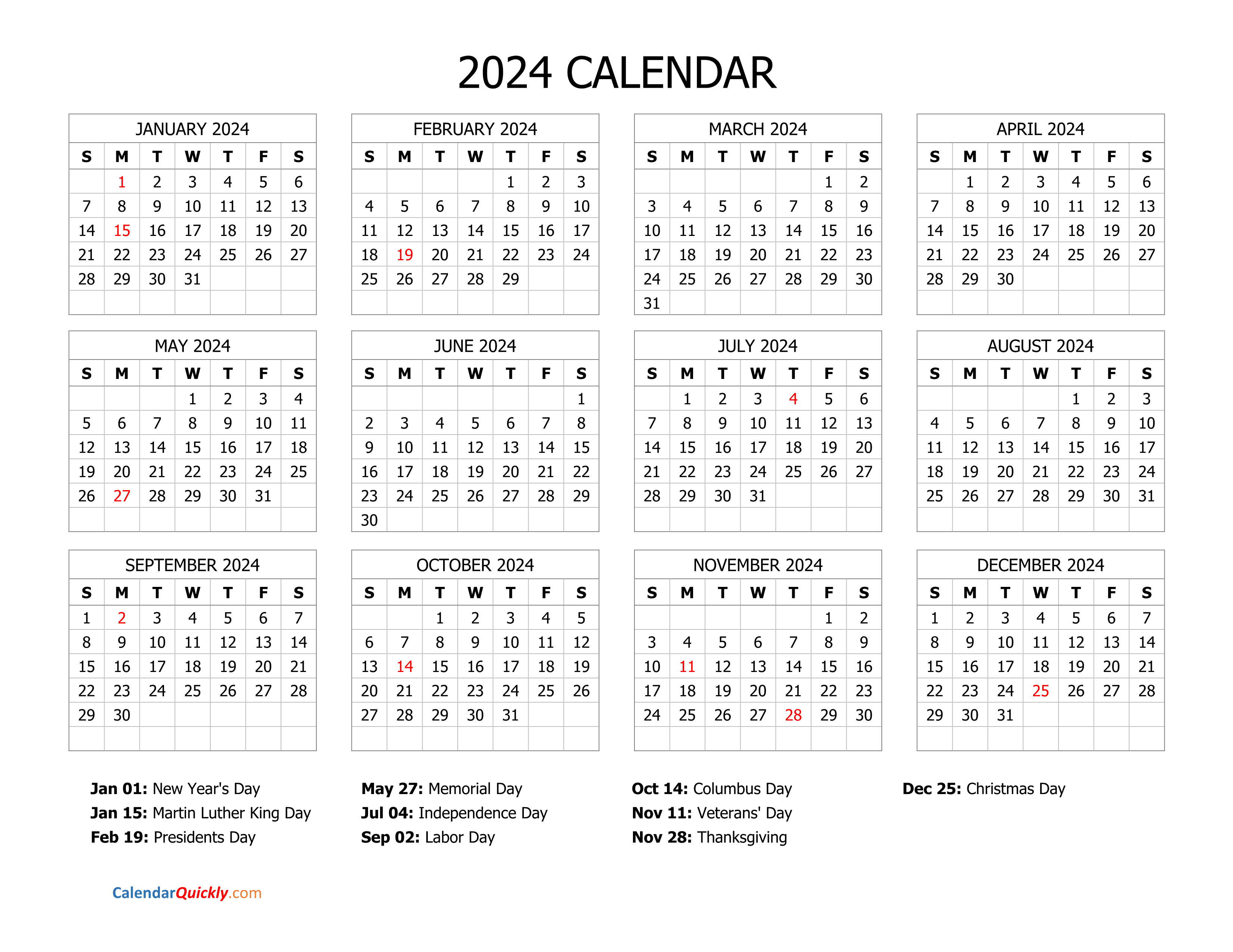 2024 Calendar 2023 With Holidays 2024 Calendar Printable