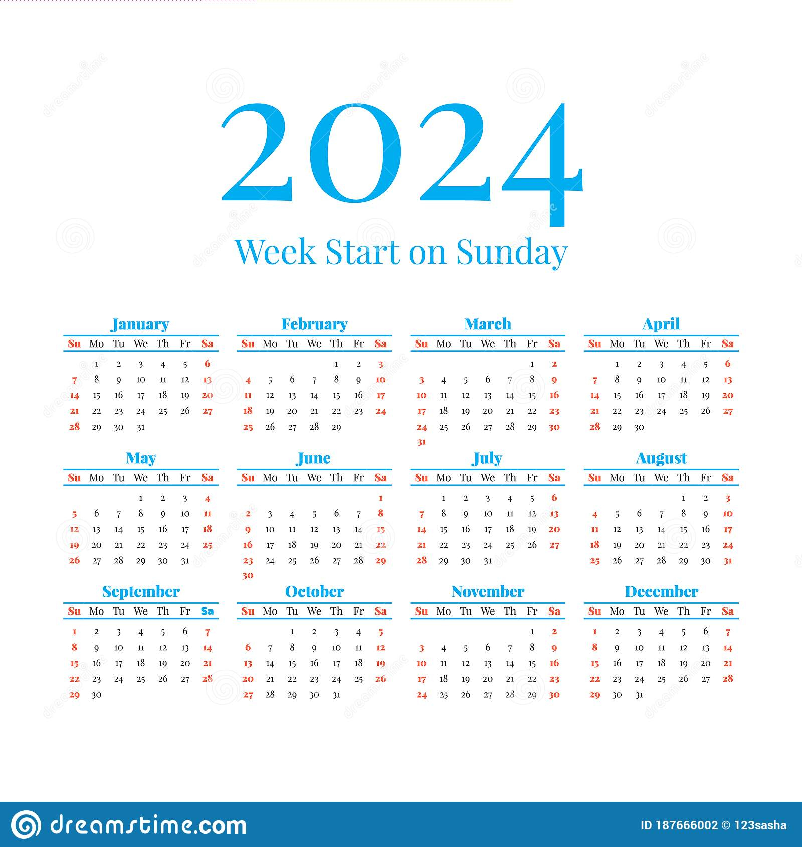 2024 Calendar With The Weeks Start On Sunday Stock Vector 2024