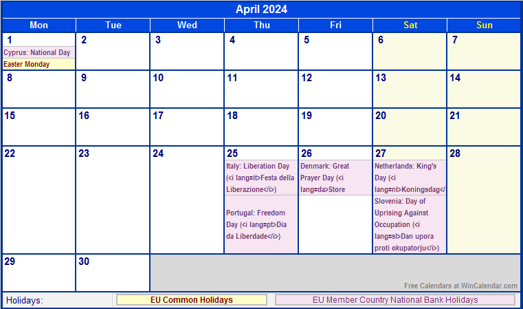 April 2024 Eu Calendar With Holidays For Printing Image Format 2024