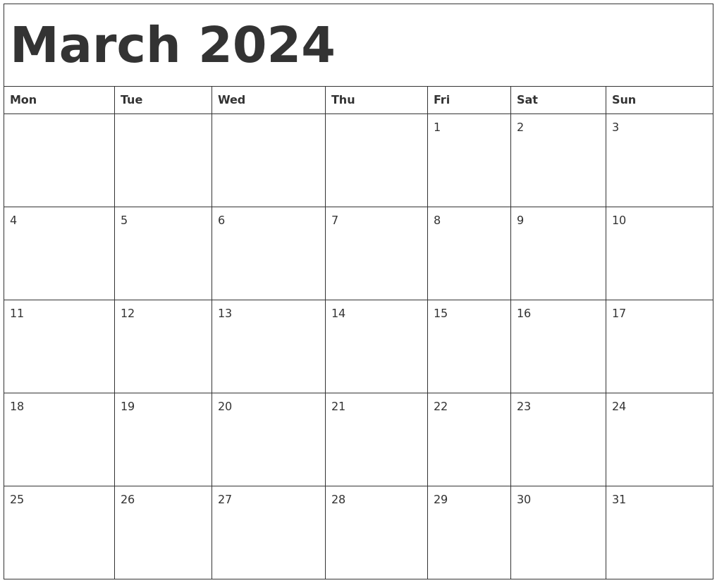 March 2024 Calendar Template 2024 Calendar Printable