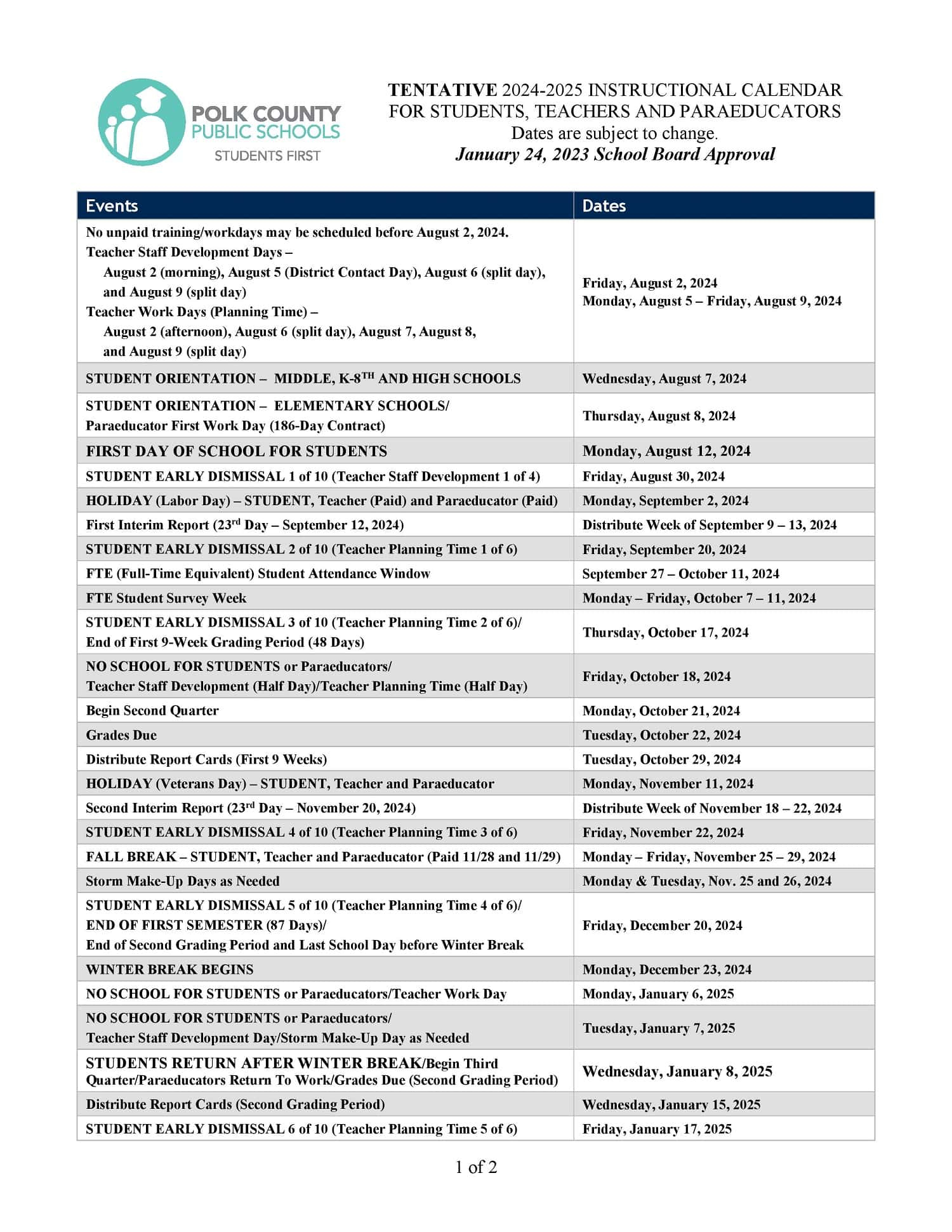 2024 2025 Polk County Schools Calendar Public Charter Private 2024