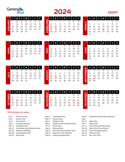 2024 Japan Calendar With Holidays 2024 Calendar Printable