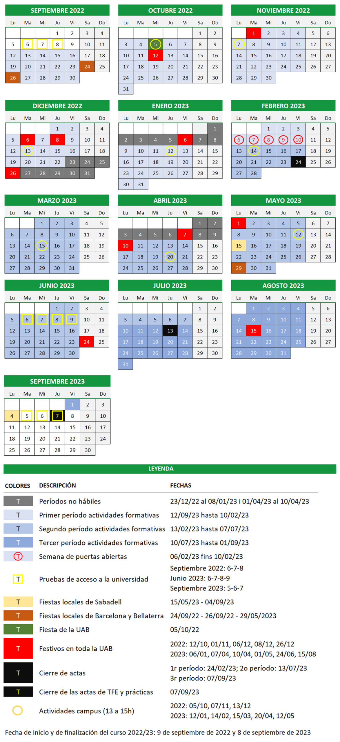 Academic Calendar Universitat Aut Noma De Barcelona UAB Barcelona