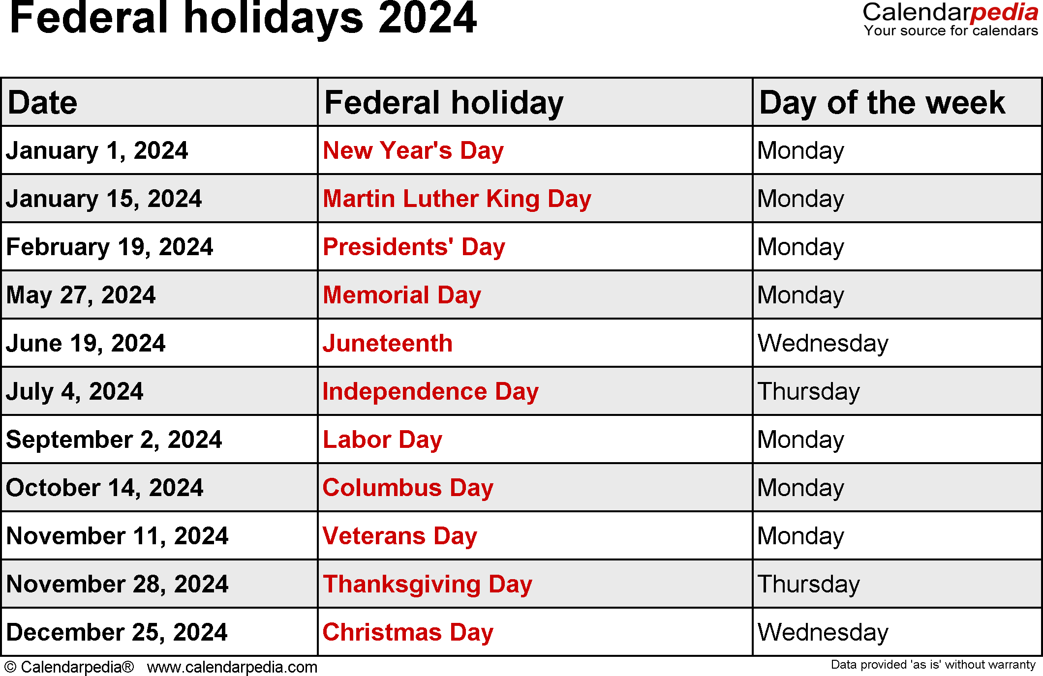 2024 Holidays Calendar Usa 2024 Calendar Printable